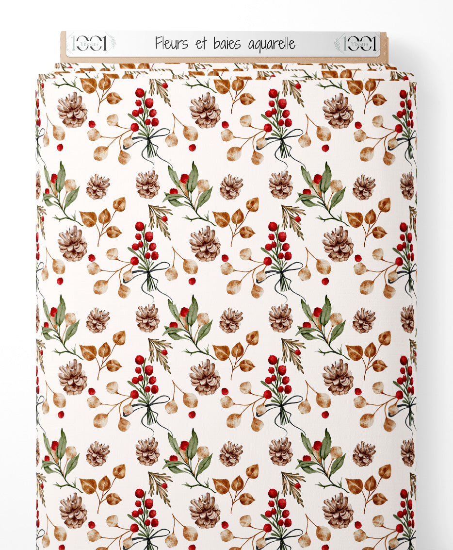 Tissu - Fleurs et baies aquarelle