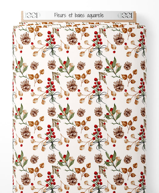 Tissu - Fleurs et baies aquarelle