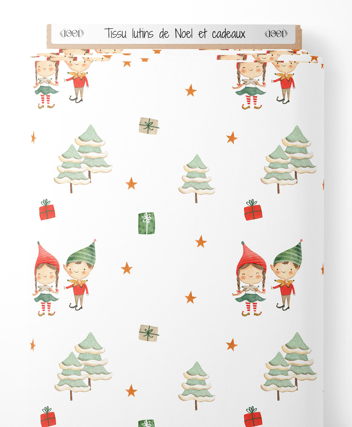 Tissu - lutins de Noel et cadeaux