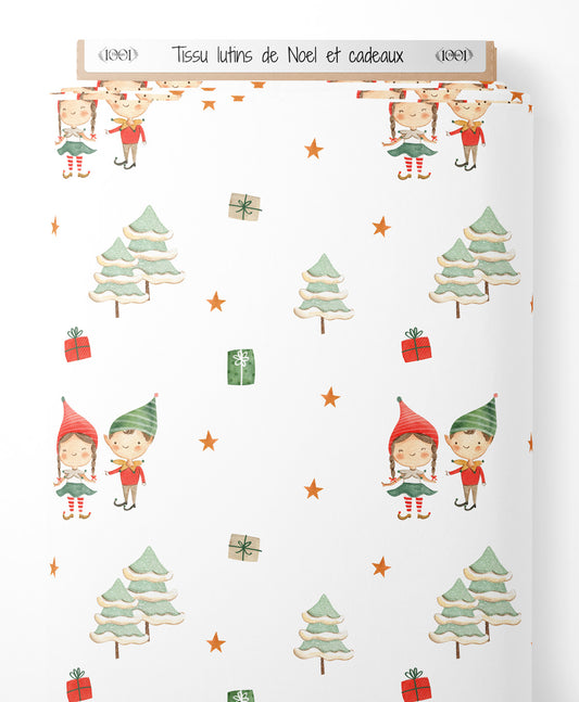 Tissu - lutins de Noel et cadeaux
