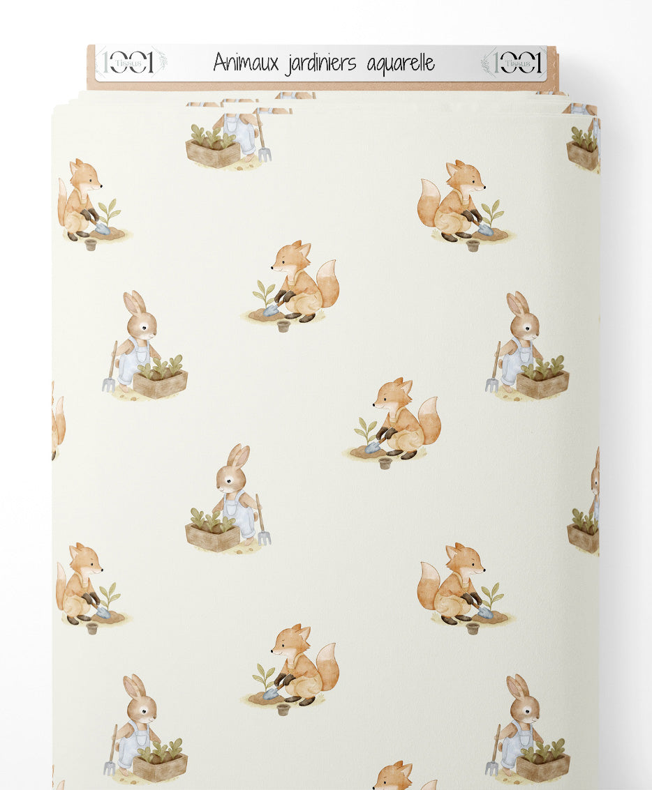 Tissu - Animaux jardiniers aquarelle