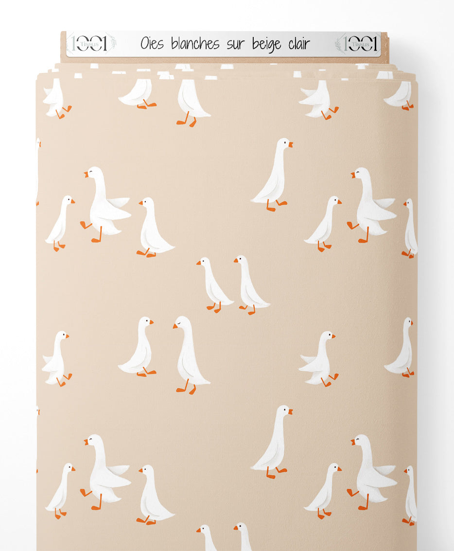 Tissu - Oies blanches sur beige clair