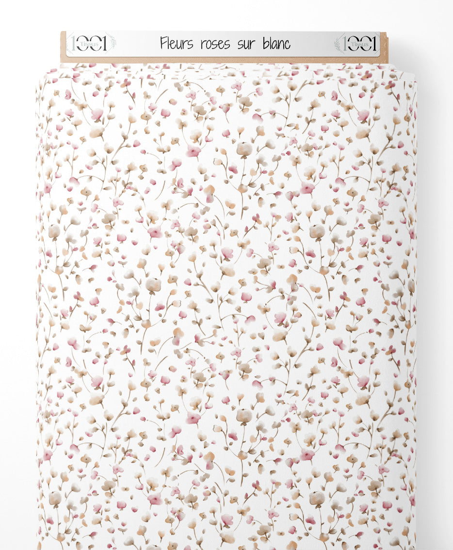 Tissu - Fleurs roses sur blanc