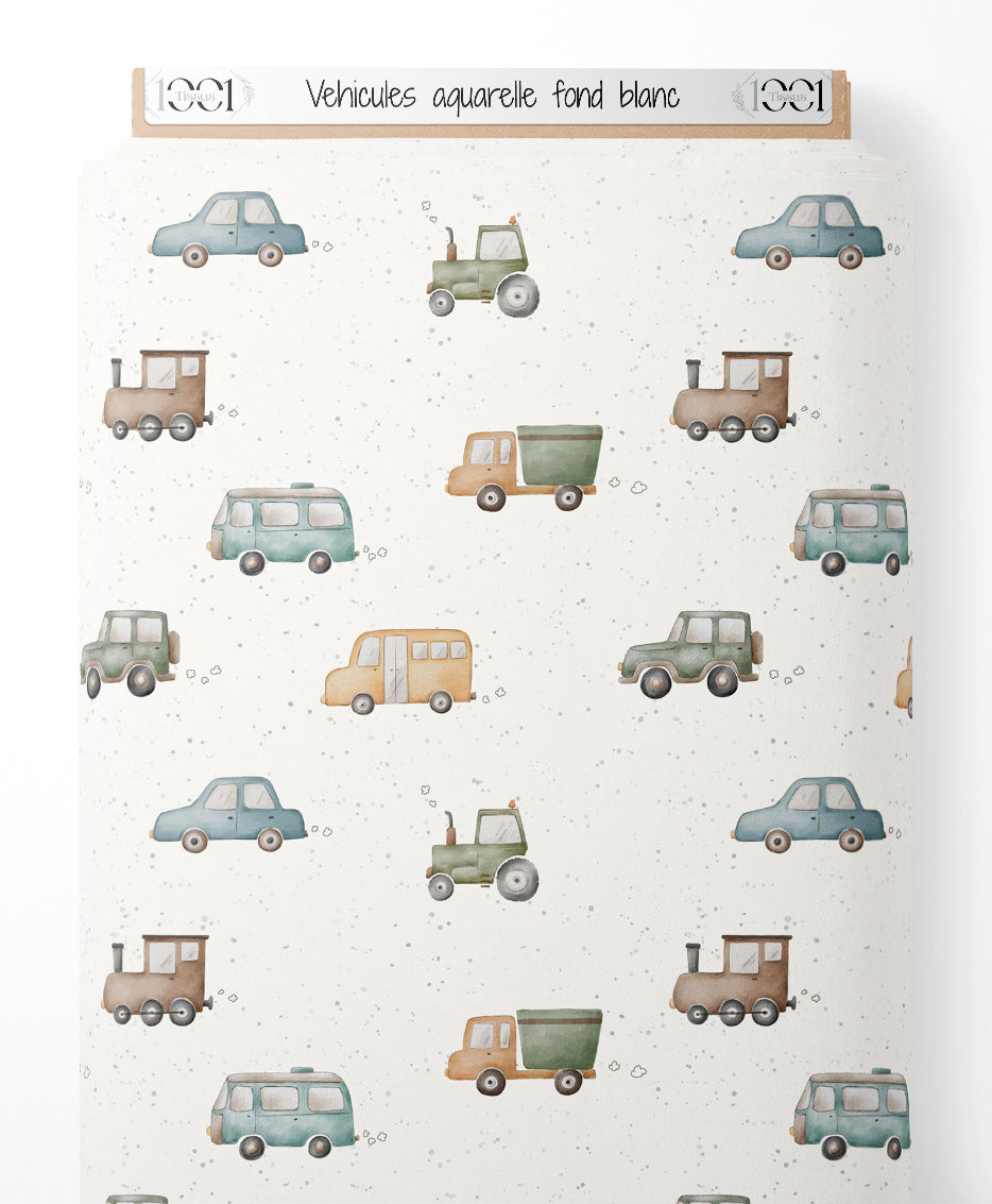 Tissu - Véhicules aquarelle sur fond blanc