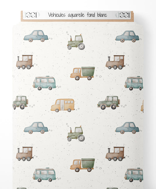 Tissu - Véhicules aquarelle sur fond blanc