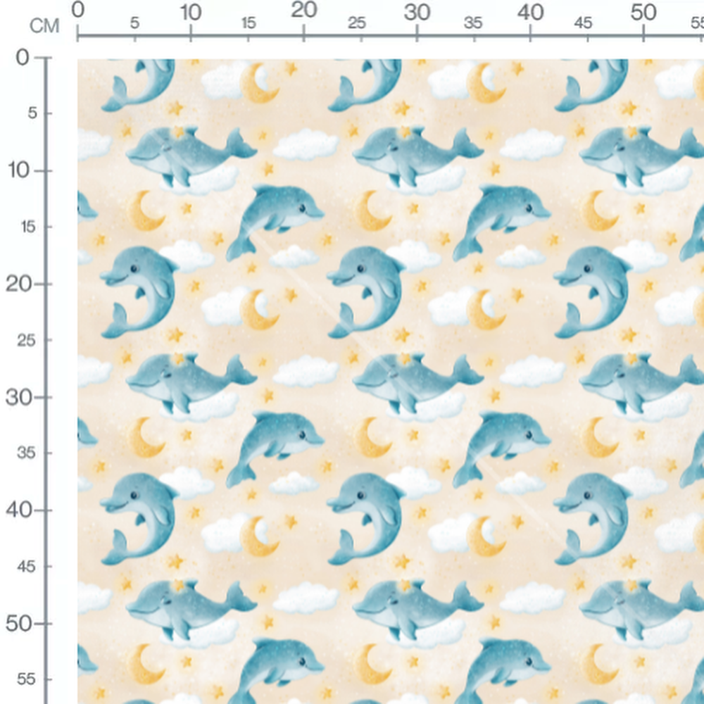 Tissu - Dauphins et lunes sur beige