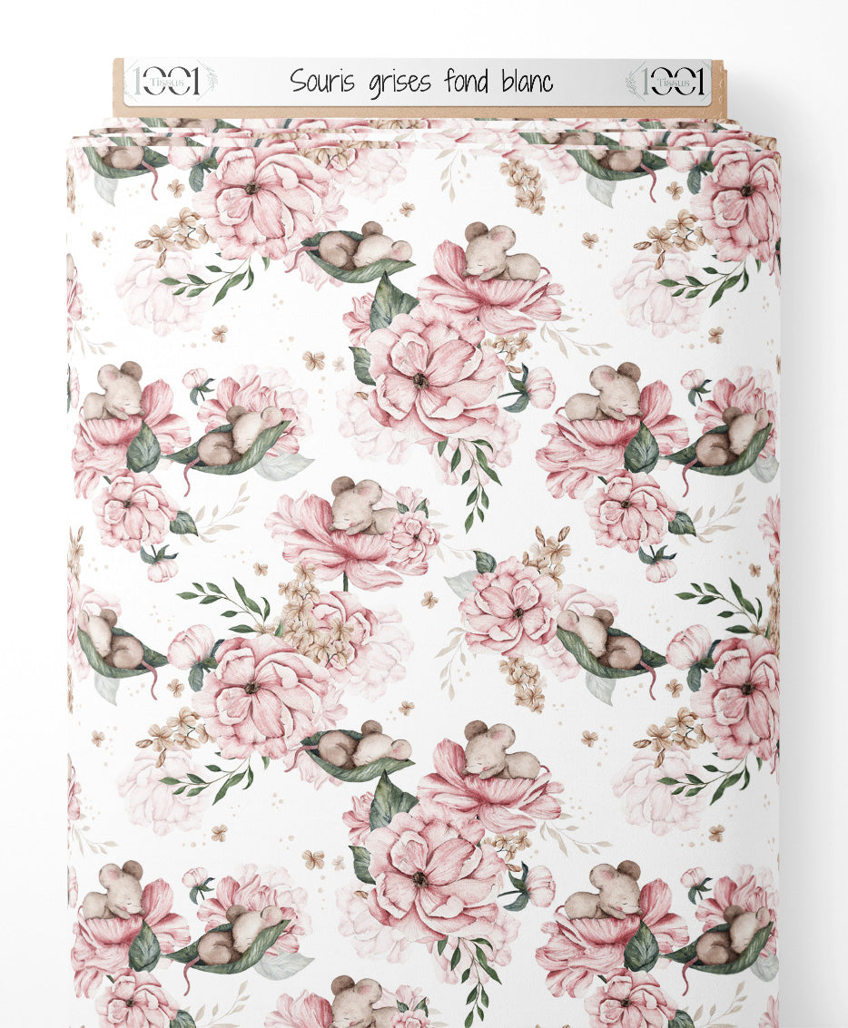 Tissu - Souris grises sur fond blanc