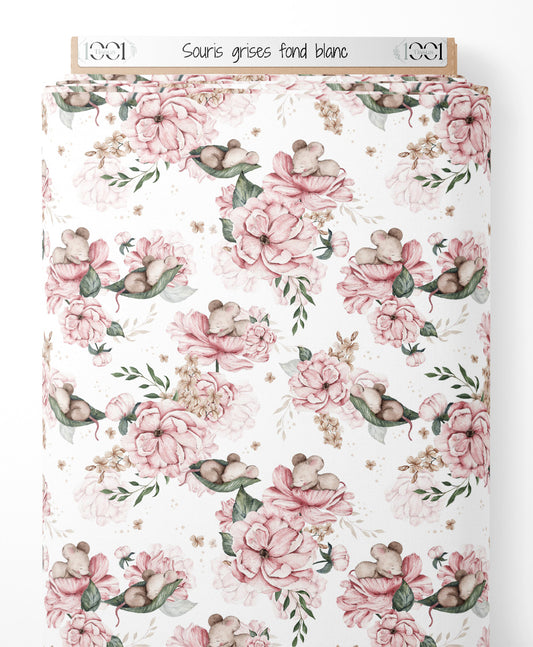 Tissu - Souris grises sur fond blanc