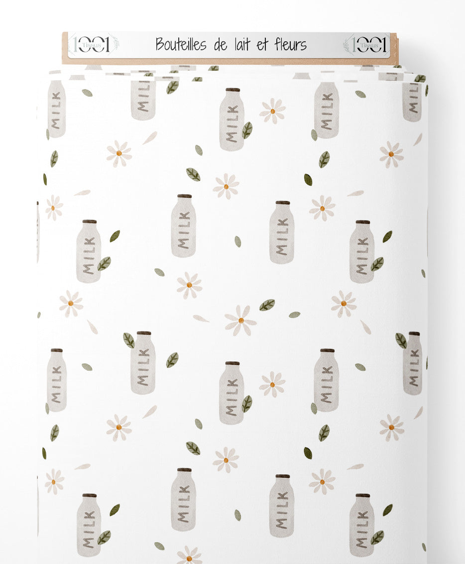Tissu - Bouteilles de lait et fleurs