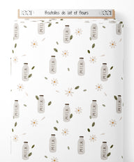 Tissu - Bouteilles de lait et fleurs