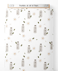 Tissu - Bouteilles de lait et fleurs