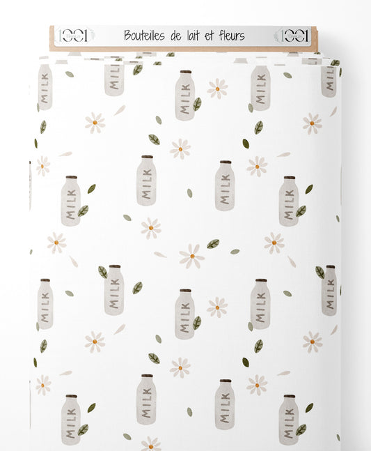 Tissu - Bouteilles de lait et fleurs