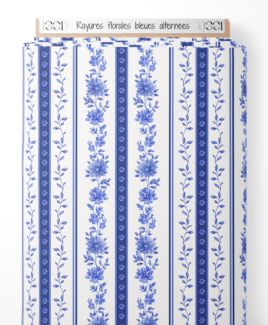 Tissu - Rayures florales bleues alternées