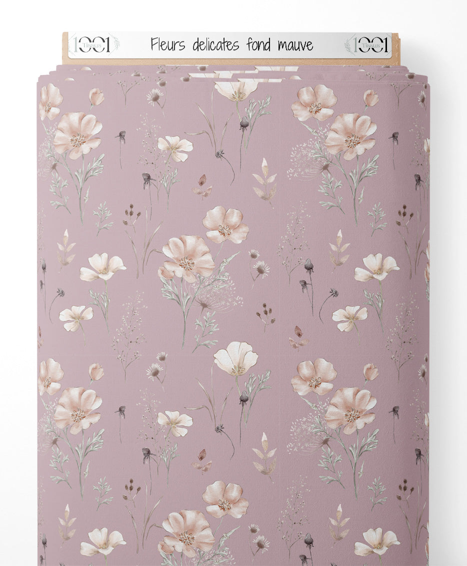 Tissu - Fleurs délicates sur fond mauve