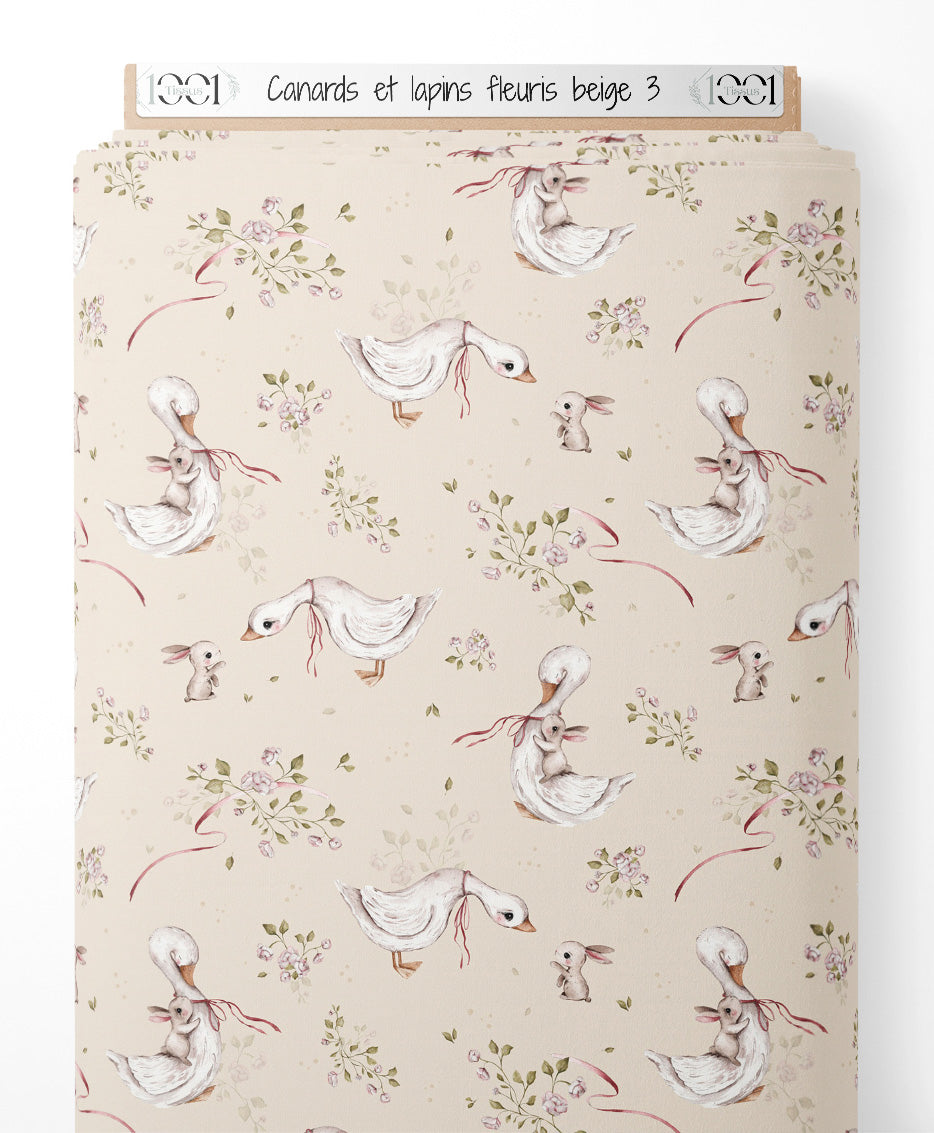 Tissu - Canards et lapins fleuris beige 3