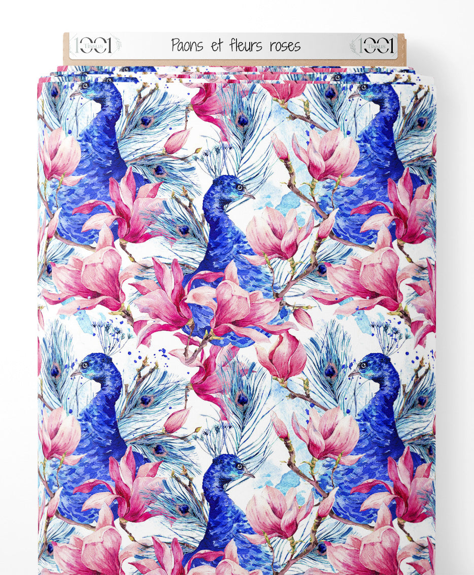 Tissu - Paons et fleurs roses
