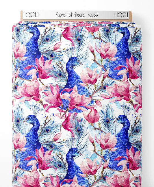 Tissu - Paons et fleurs roses