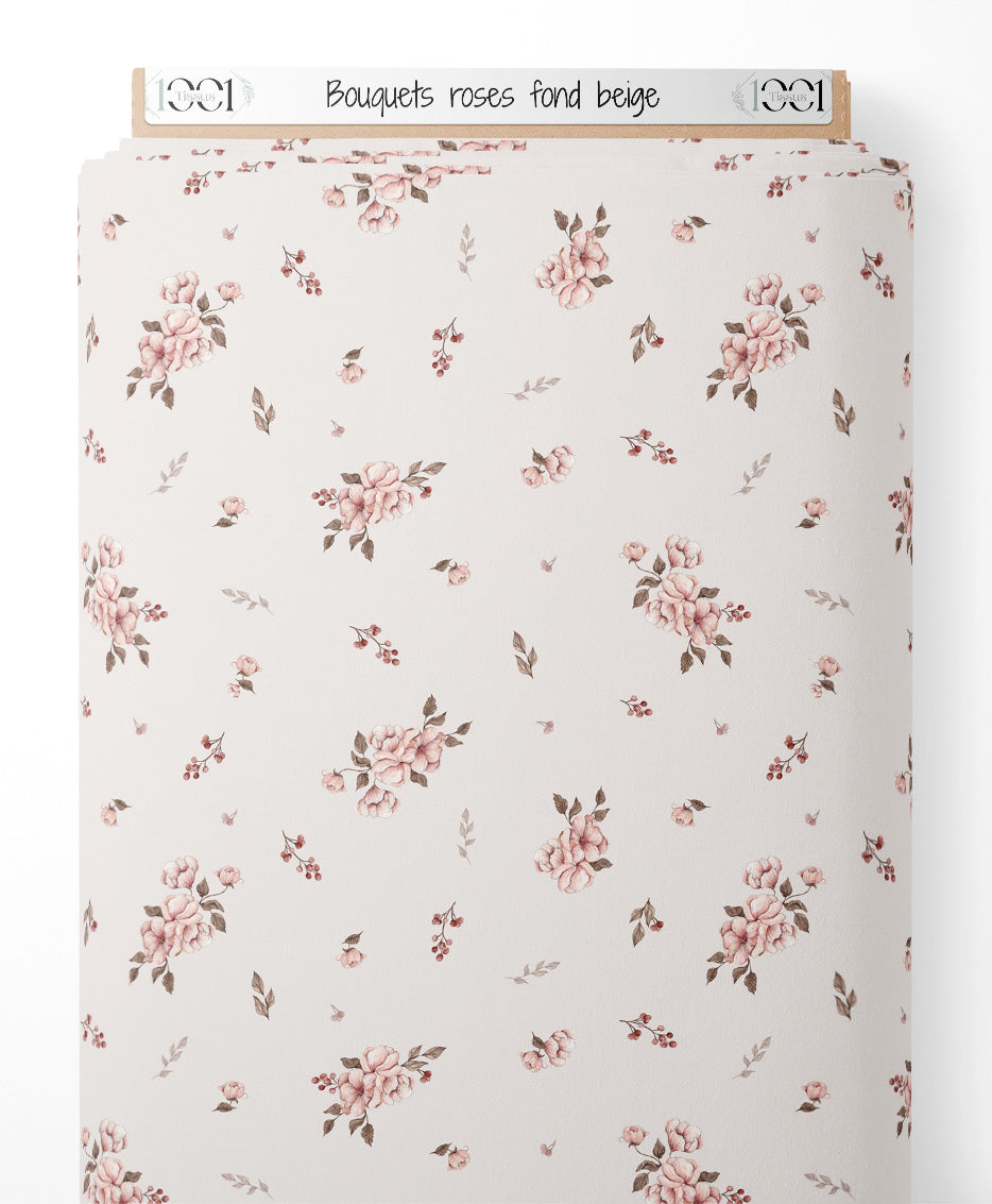 Tissu - Bouquets roses sur fond beige
