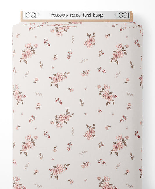 Tissu - Bouquets roses sur fond beige