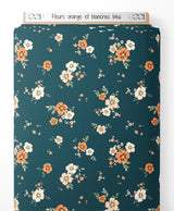 Tissu - Fleurs orange et blanches bleu