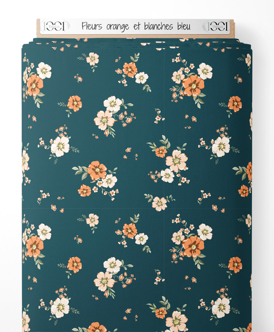 Tissu - Fleurs orange et blanches bleu