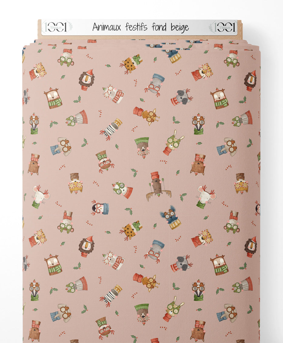 Tissu - Animaux festifs sur fond beige