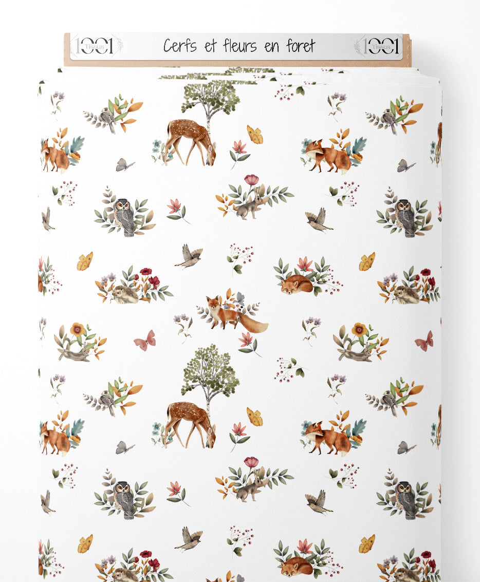 Tissu - Cerfs et fleurs en forêt