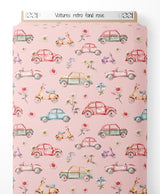 Tissu - Voitures rétro sur fond rose
