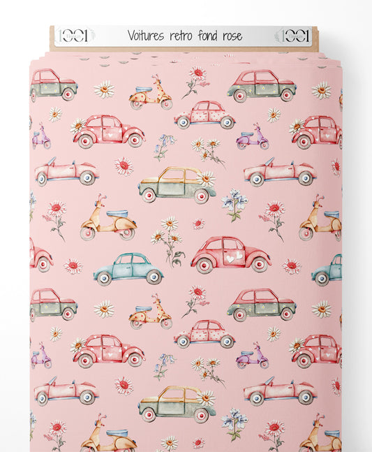 Tissu - Voitures rétro sur fond rose