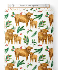Tissu - Vaches et houx aquarelle