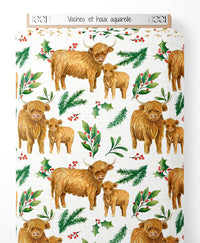 Tissu - Vaches et houx aquarelle