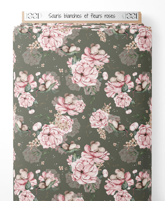 Tissu - Souris blanches et fleurs roses