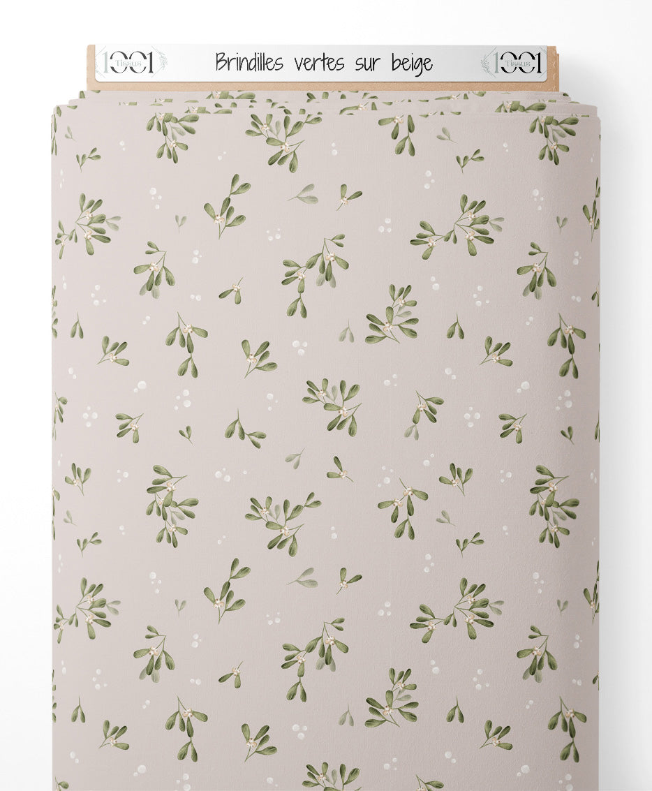 Tissu - Brindilles vertes sur beige
