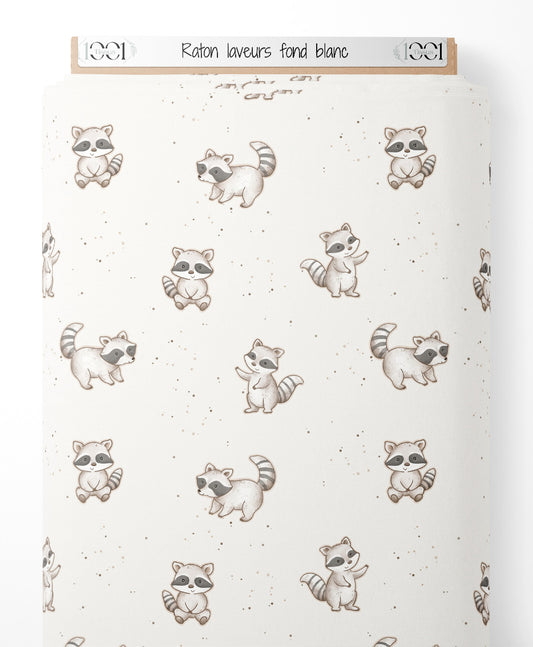 Tissu - Raton laveurs sur fond blanc
