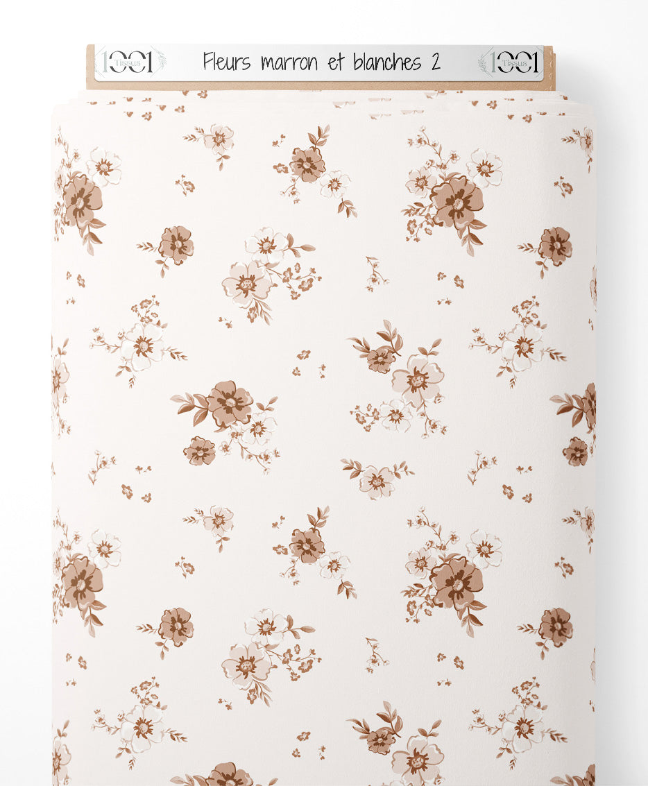 Tissu - Fleurs marron et blanches 2