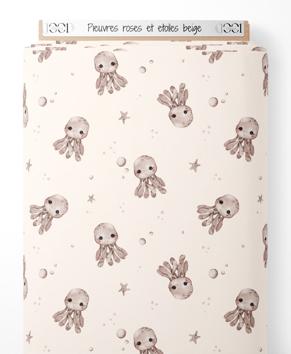 Tissu - Pieuvres roses et étoiles beige