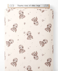 Tissu - Pieuvres roses et étoiles beige