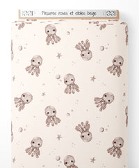 Tissu - Pieuvres roses et étoiles beige