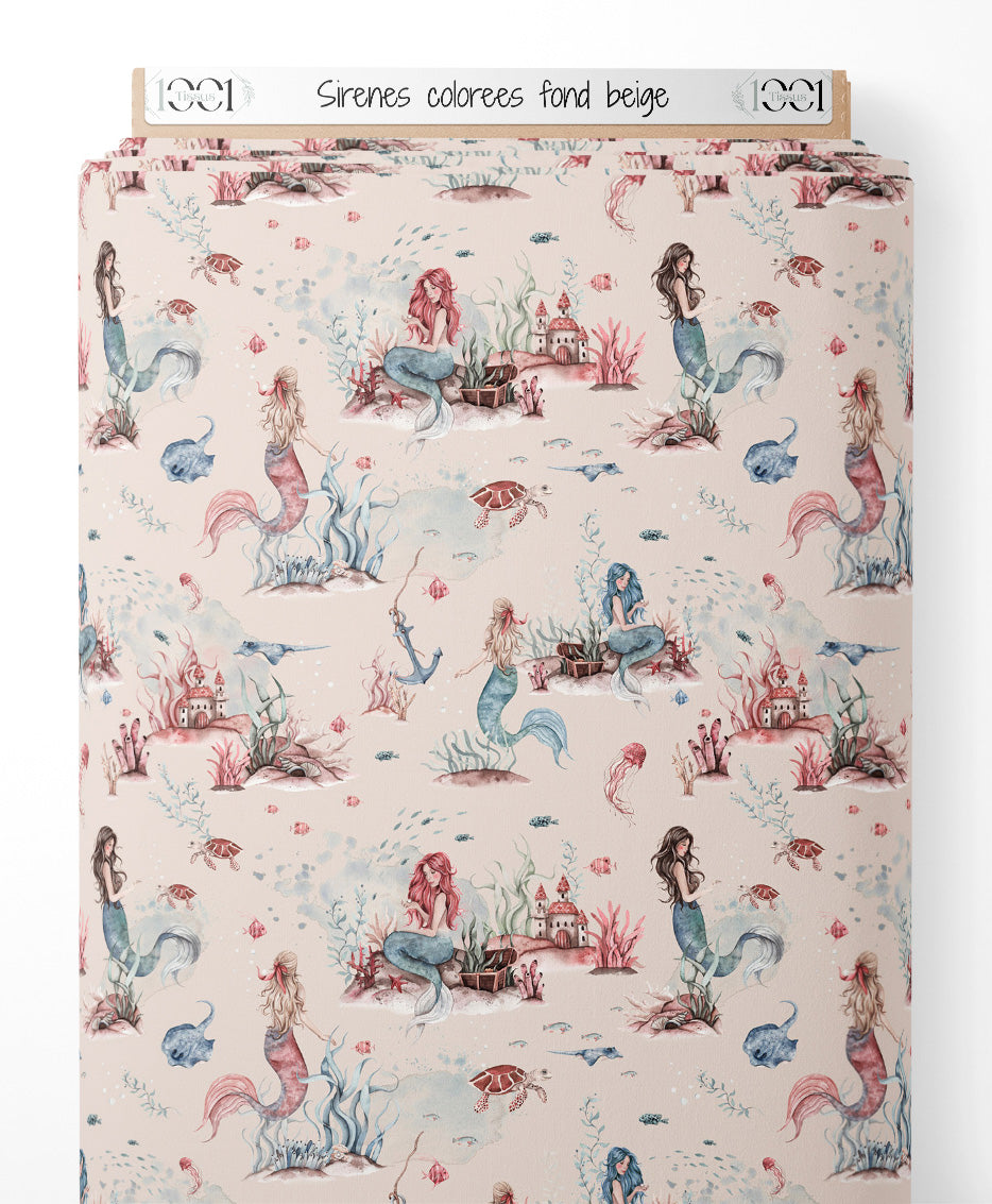 Tissu - Sirènes colorées sur fond beige