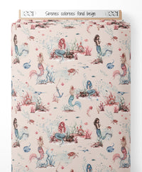 Tissu - Sirènes colorées sur fond beige