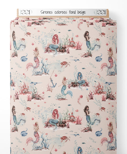 Tissu - Sirènes colorées sur fond beige