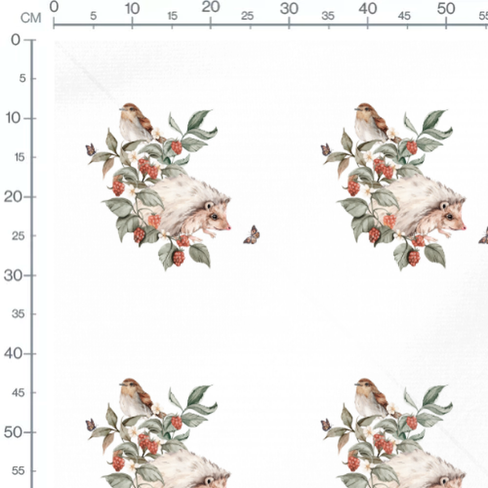 Tissu - Hérisson et oiseau sur blanc