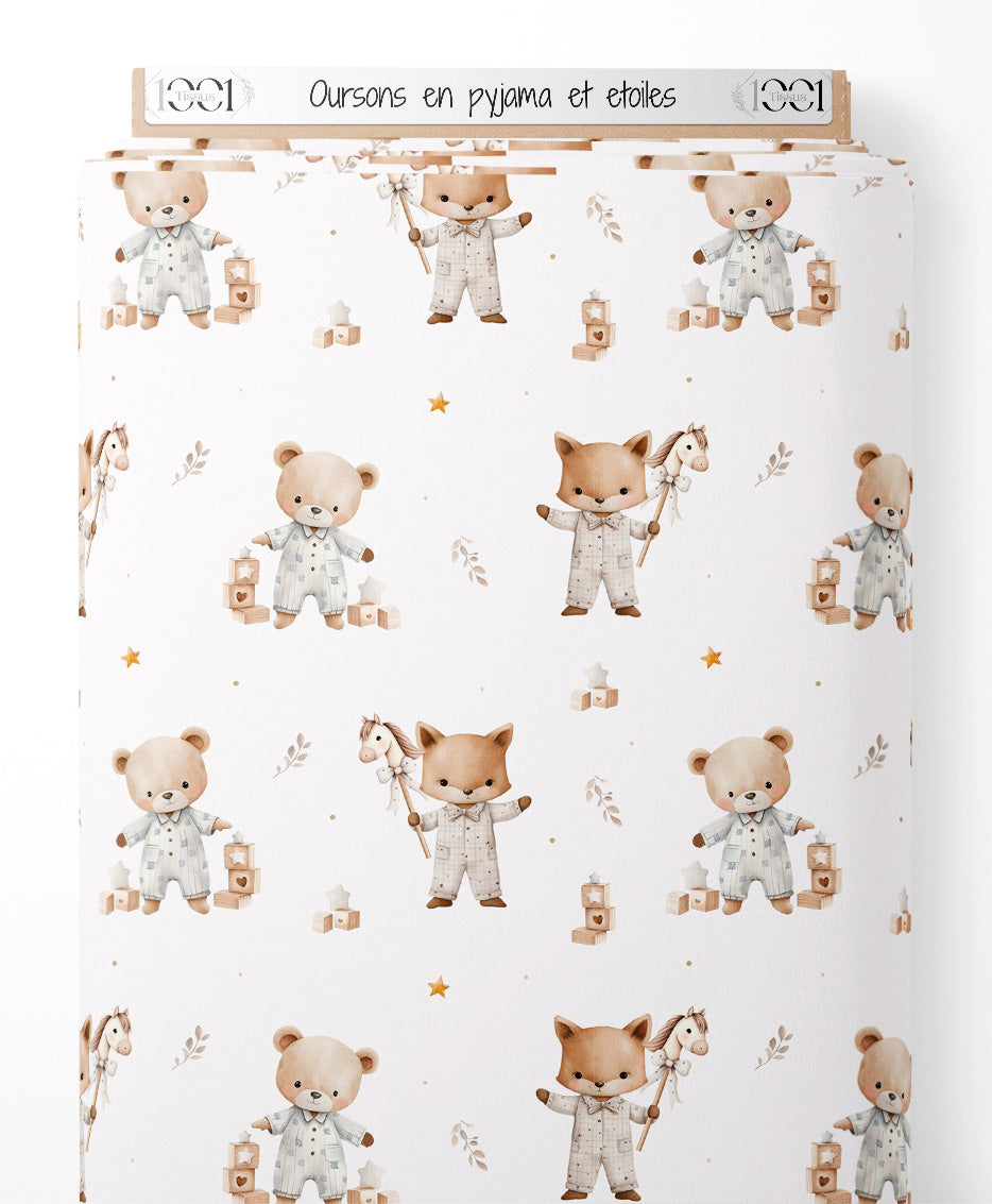 Tissu - Oursons en pyjama et étoiles