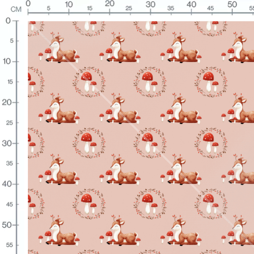 Tissu - Faon et champignons roses