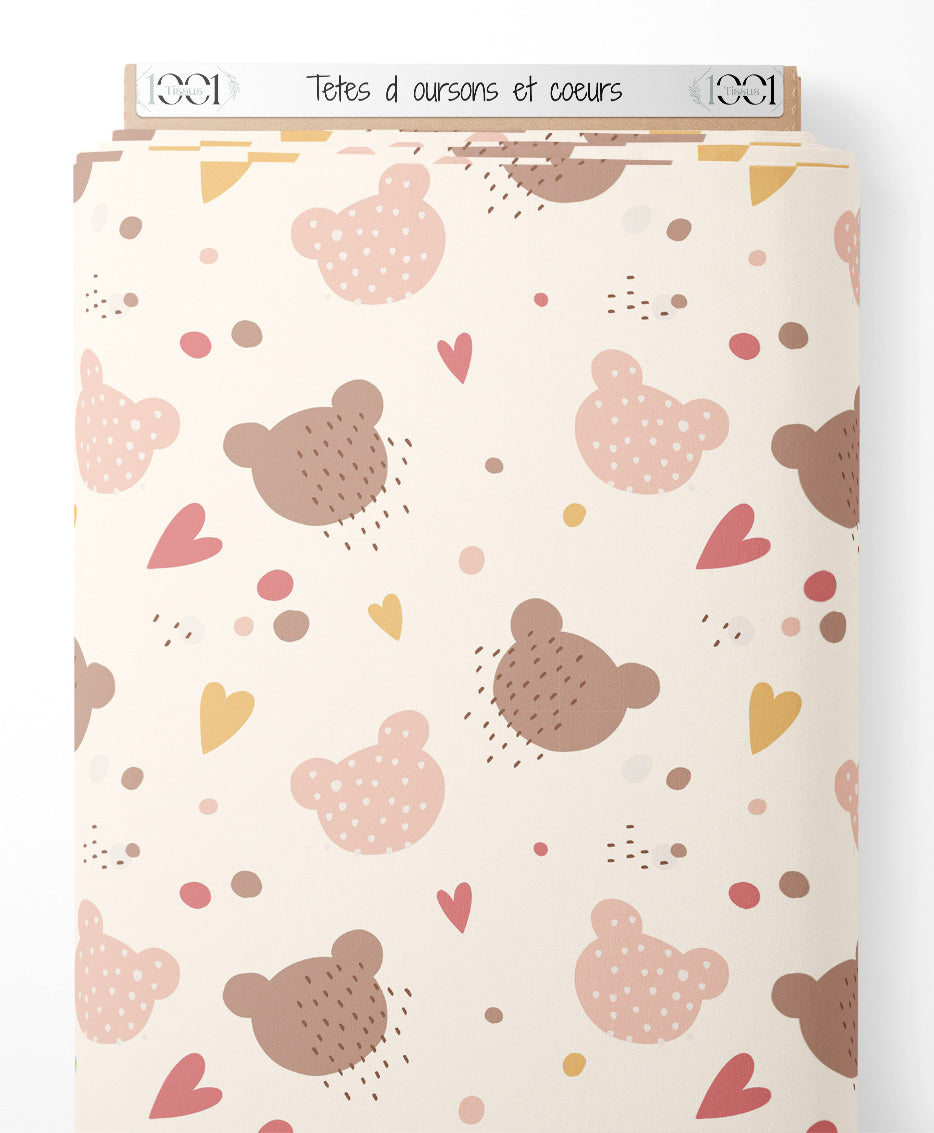 Tissu - Têtes d'oursons et cœurs