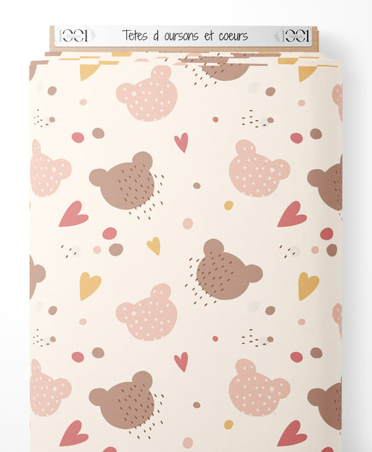 Tissu - Têtes d'oursons et cœurs