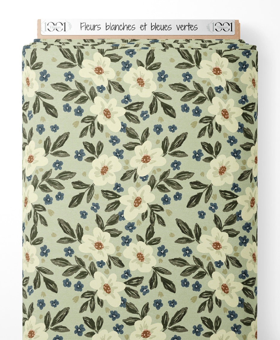 Tissu - Fleurs blanches et bleues vertes