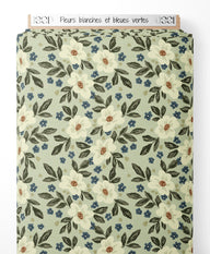 Tissu - Fleurs blanches et bleues vertes