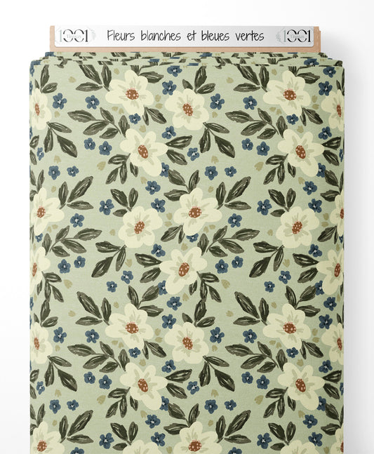 Tissu - Fleurs blanches et bleues vertes