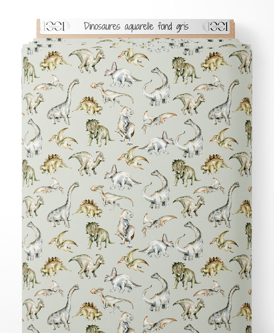 Tissu - Dinosaures aquarelle fond gris